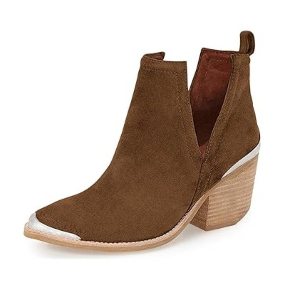 YDN Women's Low Heeled Ankle Boots Faux Suede Cowboy Booties Cutout with Metal T